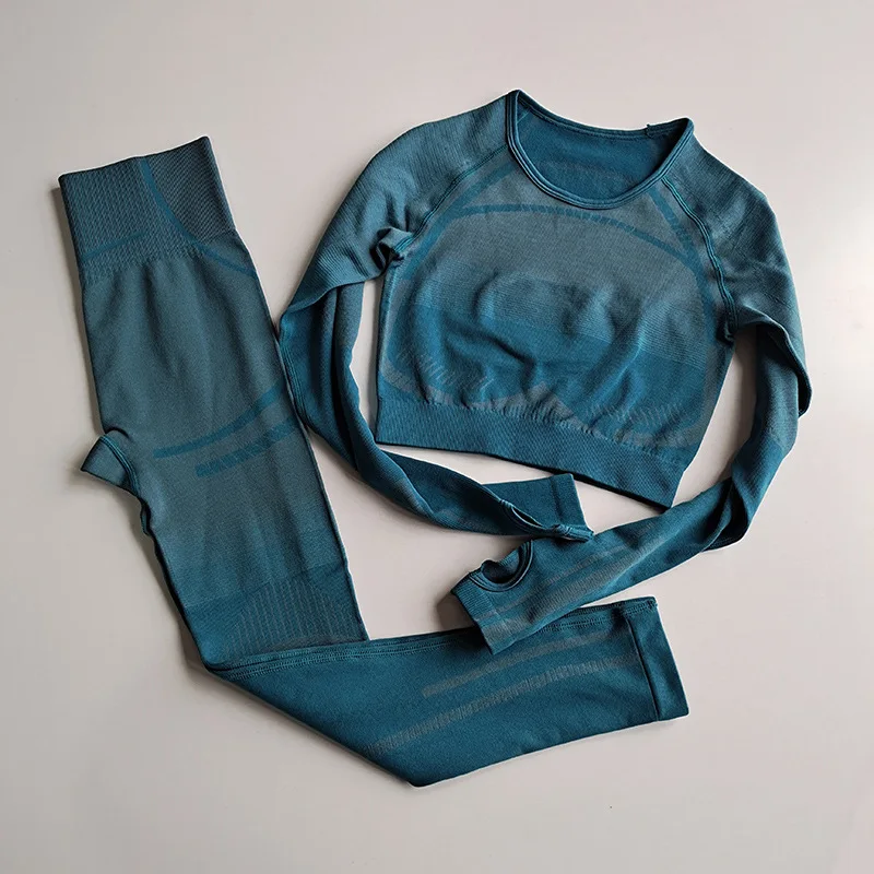 

2 Piece Set Geo Seamless Yoga Sets Women Long Sleeve Sports Set Sports High Waist Yoga Pants Wear for Women Gym Clothes