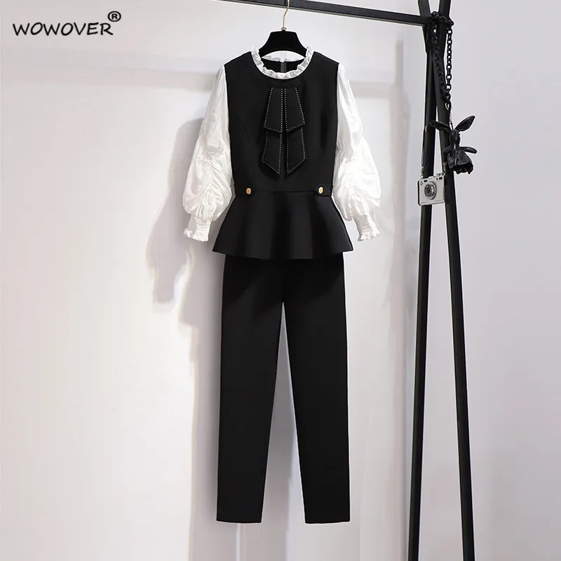 

Fashion Autumn Women's Trousers Suit 2 Piece Office Lady Outfits Elegant Designer Patchwork Top and Pants Matching Sets