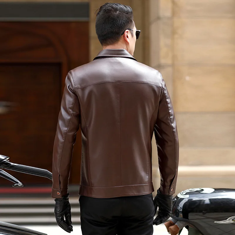 

The new 2019 haining leather men's big yards short jacket lapel middle-aged father qiu dong thin leather coat