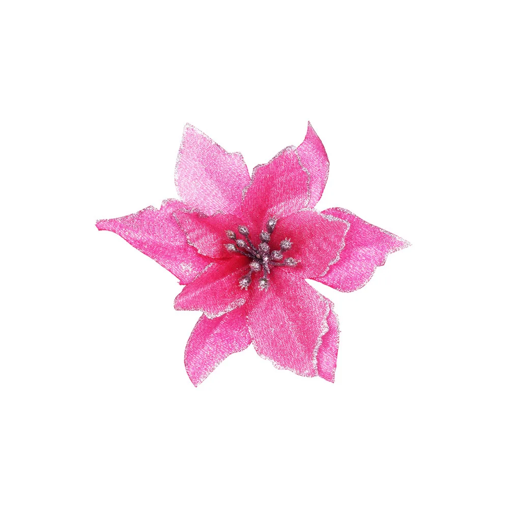 Pink(13cm) 12pcs/lot Artificial Christmas Flowers Plastic&Cloth Glitter Hollow Flower For Christmas Tree Decoration DIY Xmas New Year Decor - Цвет: Pink(13cm)