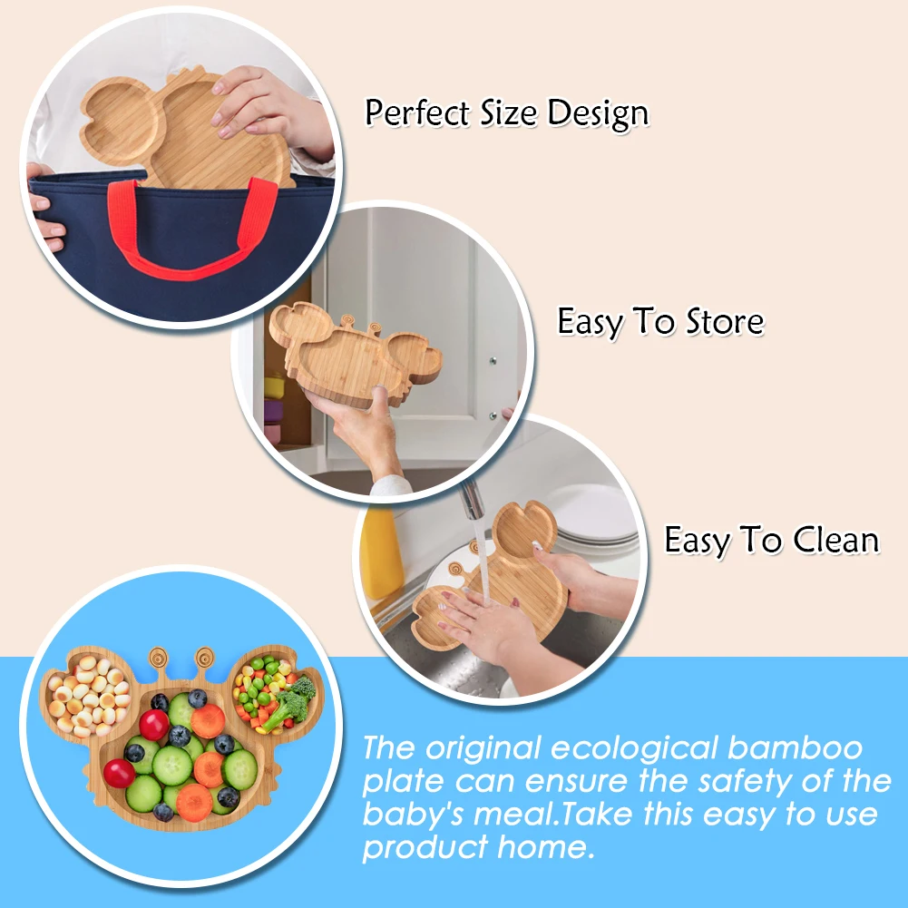 

Bamboo Dinner Plate Lovely Animal Shaped Children Feeding Wooden Dinnerware with Double Suction Cups Plato de cena