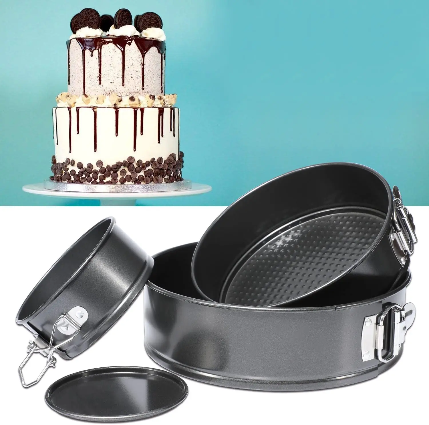 

Leakproof Round Cake Pan Set Includes 3 Piece 4" 7" 9" Springform Pan, Icing Spatula and Icing Smoother