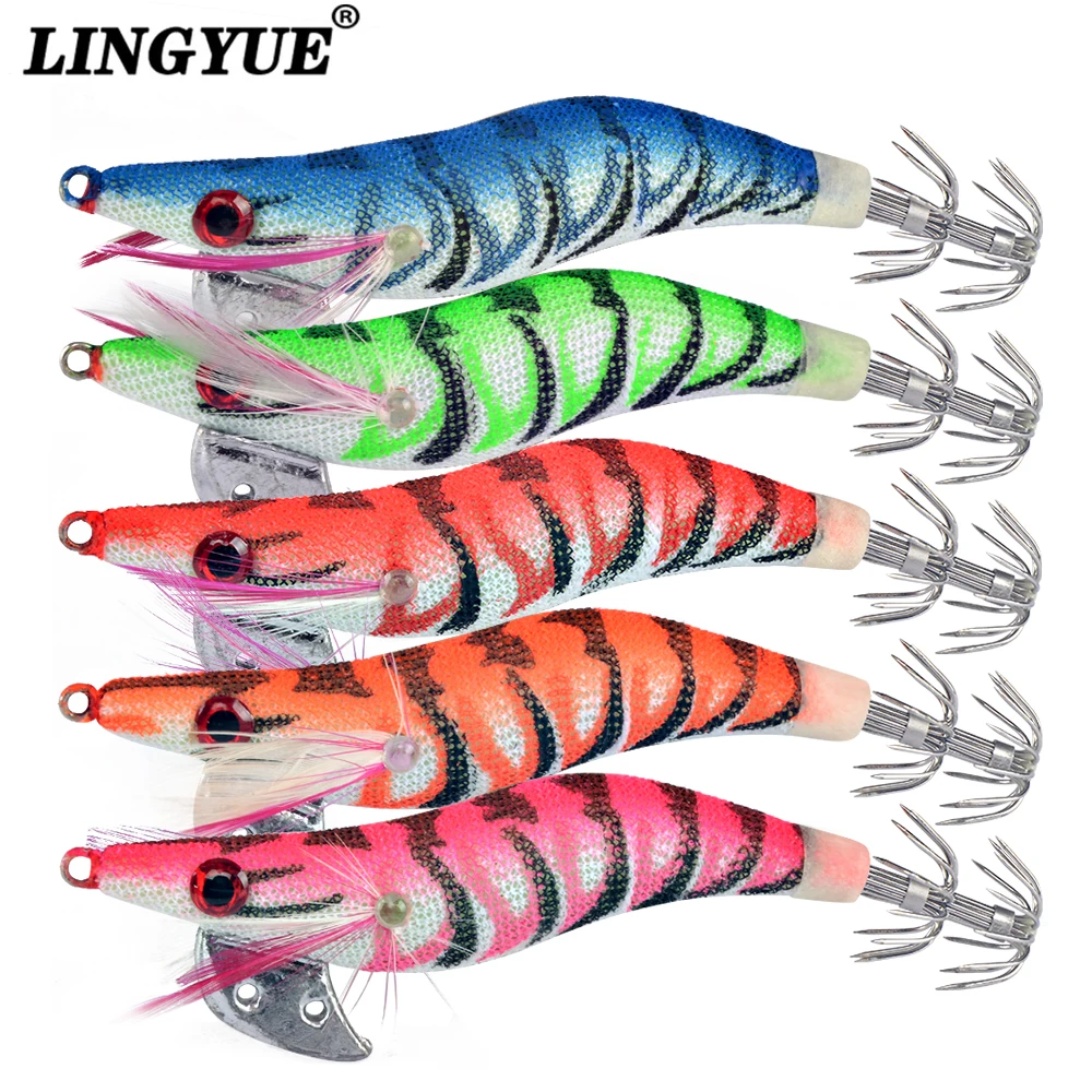 

5pcs 7g/8cm Luminous Squid Jig Fishing Wood Shrimp Lure Squid Cuttlefish Jigs Lures Spinnerbait Wood Shrimp with 2.0# Hook