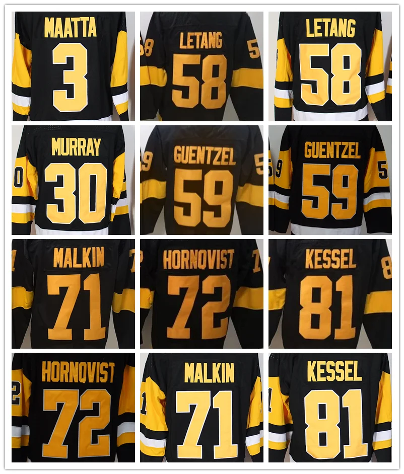 

Pittsburgh Hockey Jersey Men LETANG #58 GUENTZEL #59 MALKIN #71 HORNOVIST #72 KESSEL #81 CROSBY Retro Women Luxury Brand Youth