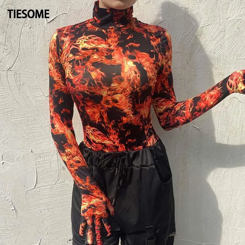 TIESOME 2020 Новинка с принтом пламени тонкие водолазки перчатки цельный Топ пальто