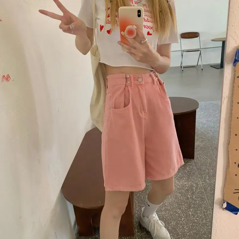 Популярные летние женские джинсовые шорты с завышенной талией розовые для