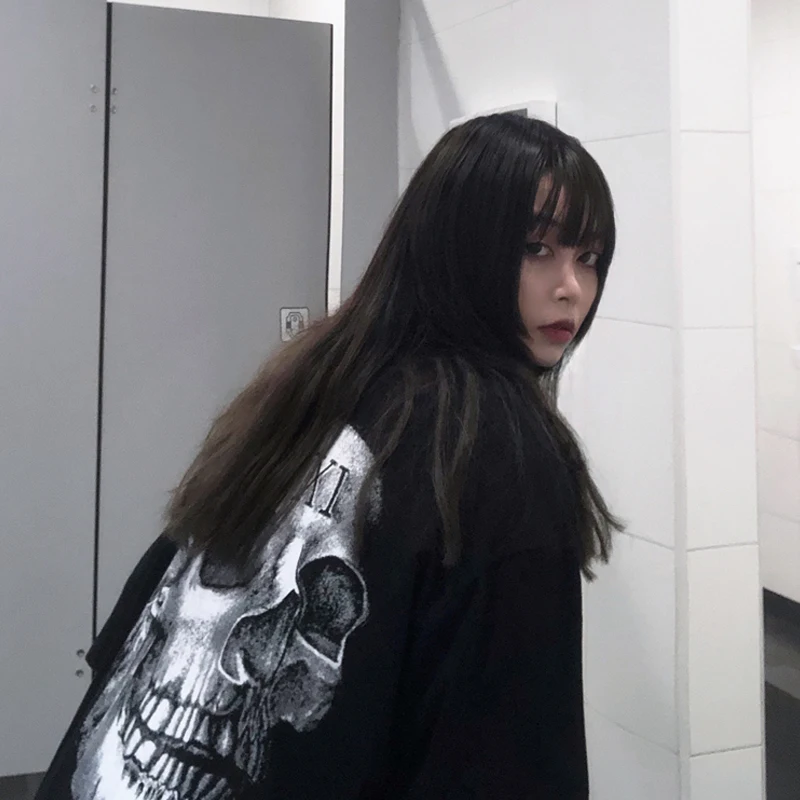 Woherb Summer 2021 Harajuku T Shirt Women Cartoon Skull Print Graphic T-shirt Loose Black Short Sleeve Tee Shirts Streetwear | Женская