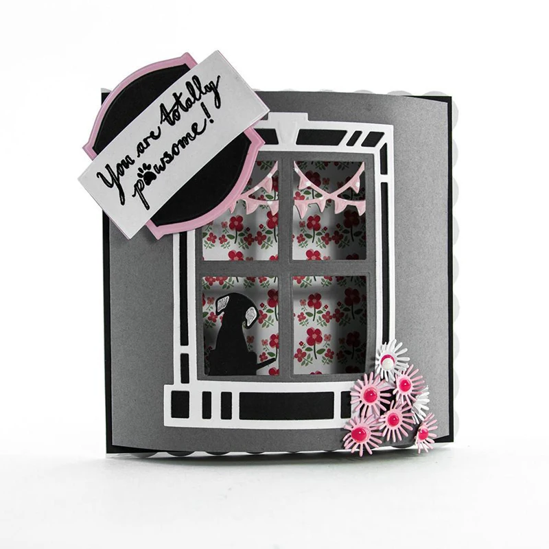 Высечки в виде собаки сидя за окном для изготовления открыток собака