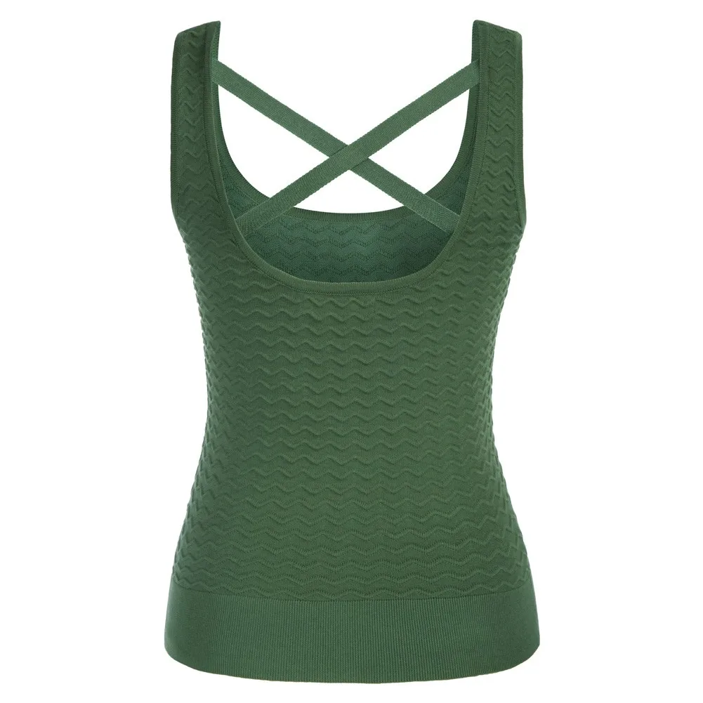 

Women Crop Top Casual Strap Vest Women Cross Back Knitted Tank Tops Slim Fit U-Neck Waved Textured Knitwear T-shirt Belle Poque