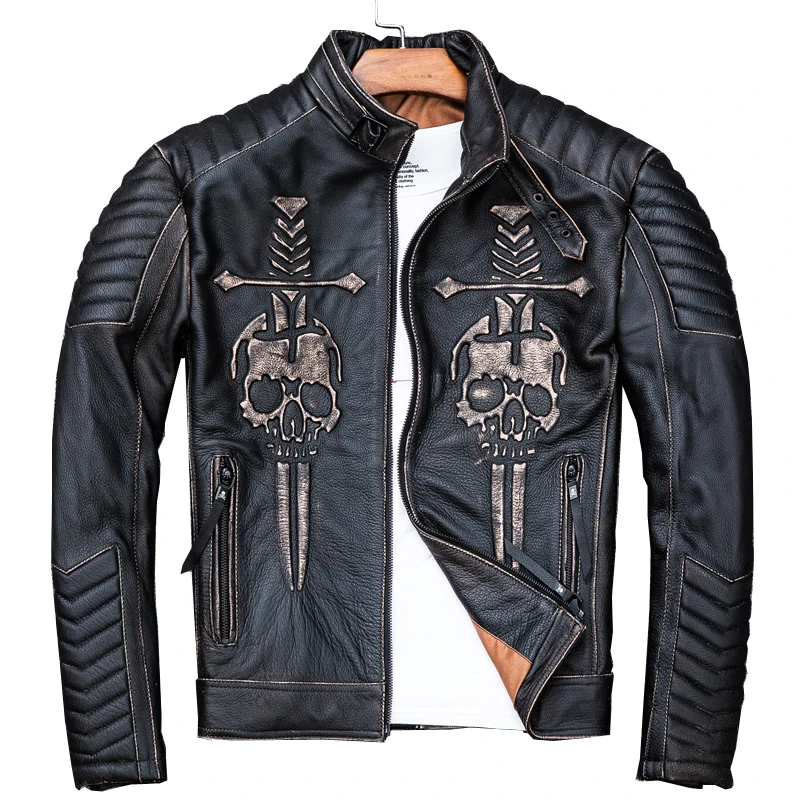 

2020 Vintage Black Men Skulls Biker's Jacket Stand Collar Genuine Cowhide Slim Fit Motorcycle Leather Coat