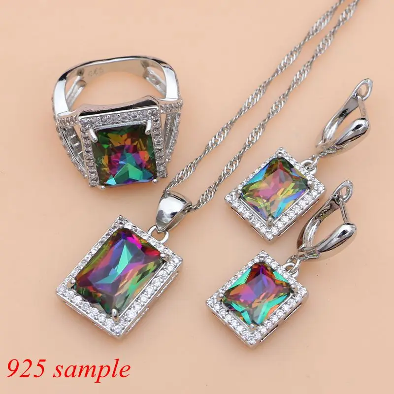 

925 Silver Jewelry Mystic Rainbow Fire CZ Jewelry Set Women Wedding Accessories Earrings/Pendant/Necklace/Rings T236