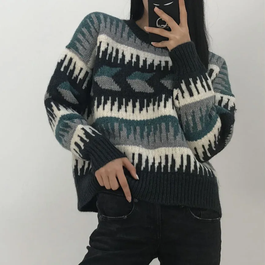 

Geometric Pattern Wool Blend Sweater Women's Knitwear Top O-neck Casual Jumper