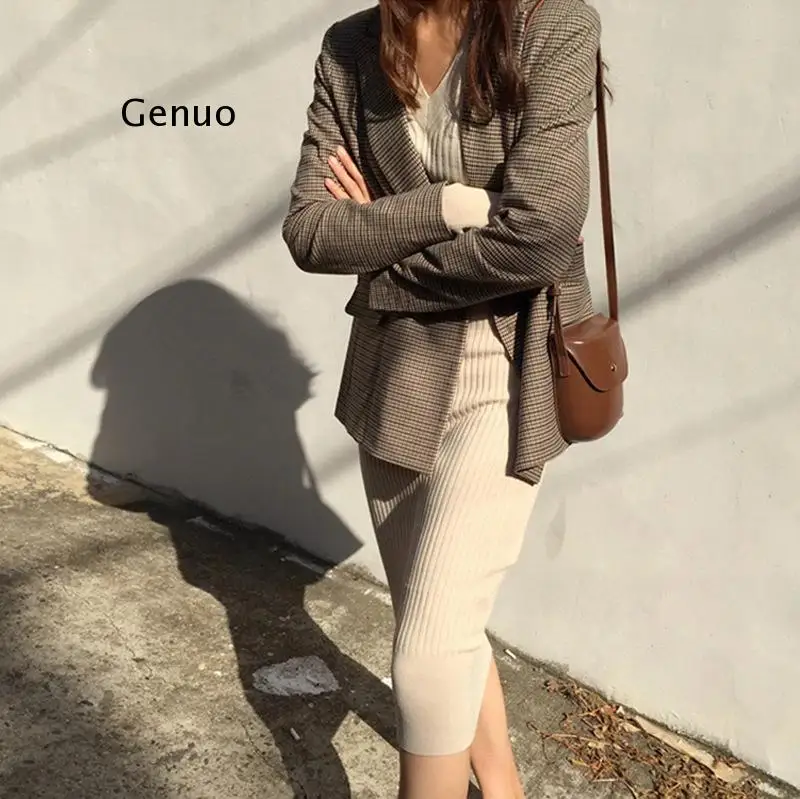 

Vintage Double Breasted Office Ladies Plaid Blazer Long Sleeve Loose Houndstooth Suit Coat Jacket Women Blazers Female