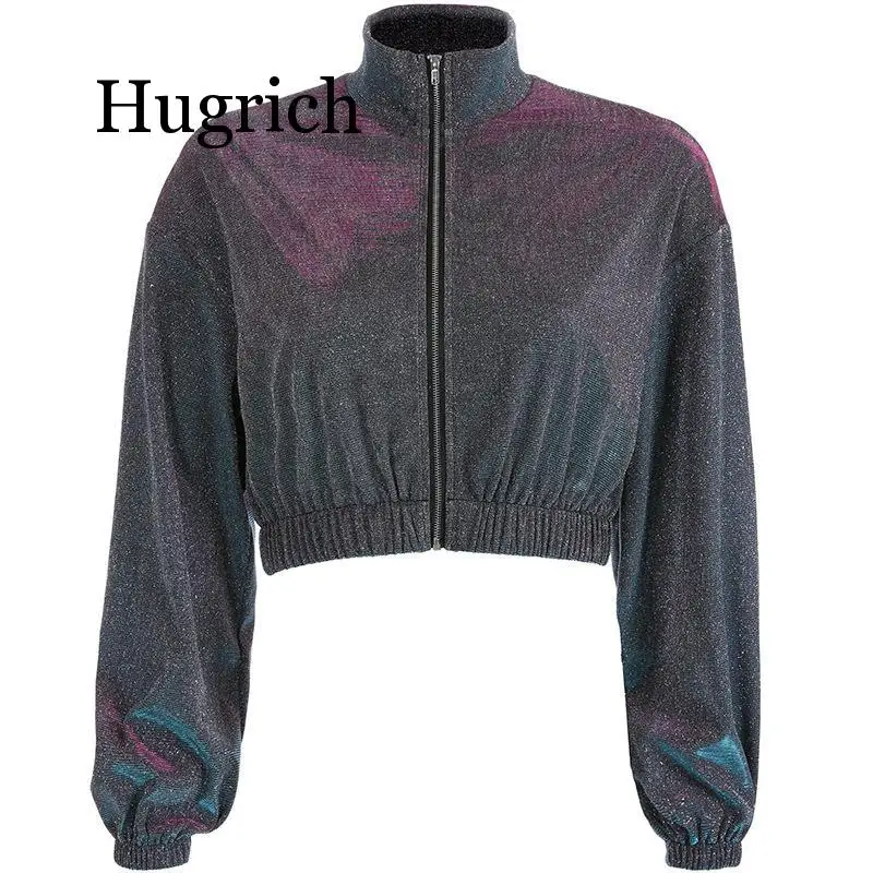 

2020 Spring Glitter Short Jacket Coat Women Turtleneck Long Sleeve Ladies Coats Front Zip Coat Hoodie Female Cropped Coat