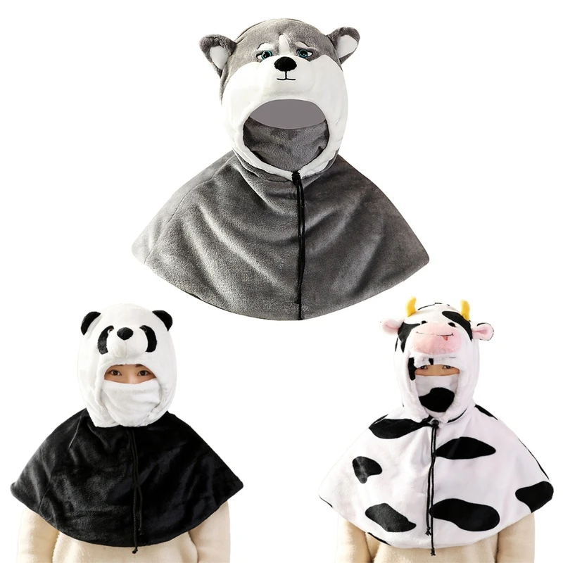 

Cartoon Animal Hooded Cape with Face Mask Set Fuzzy Plush Warm Hat Shawl Cloak 83XF