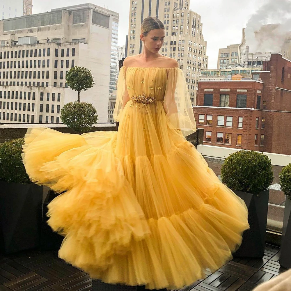 

Princess Daffodil Tiered Tulle Prom Dress Off The Shoulder Long Puffy Sleeves Beading Evening Dress Plus Size Party Dress