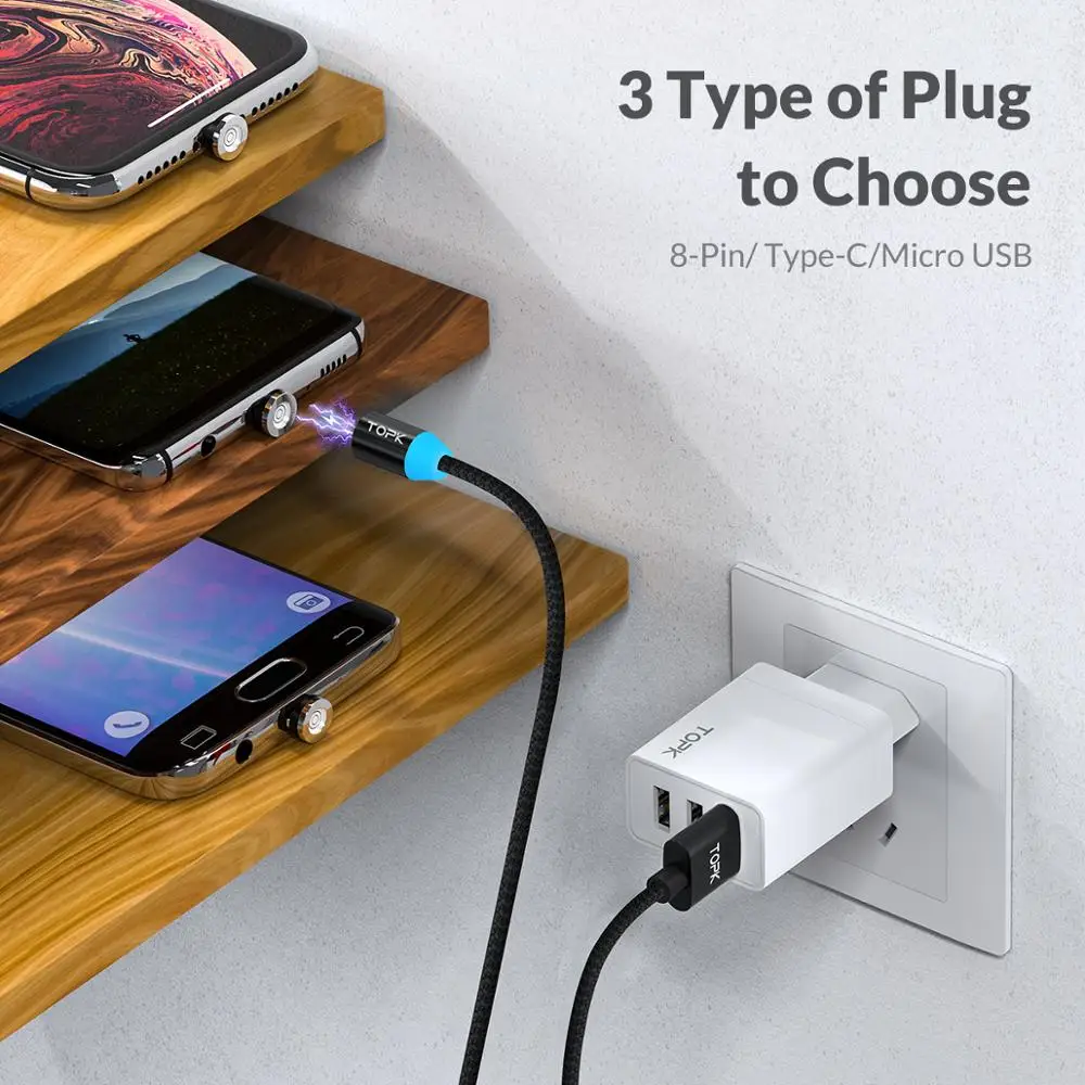 Магнитный USB кабель TOPK 3A для быстрой зарядки Micro Type C магнитное зарядное