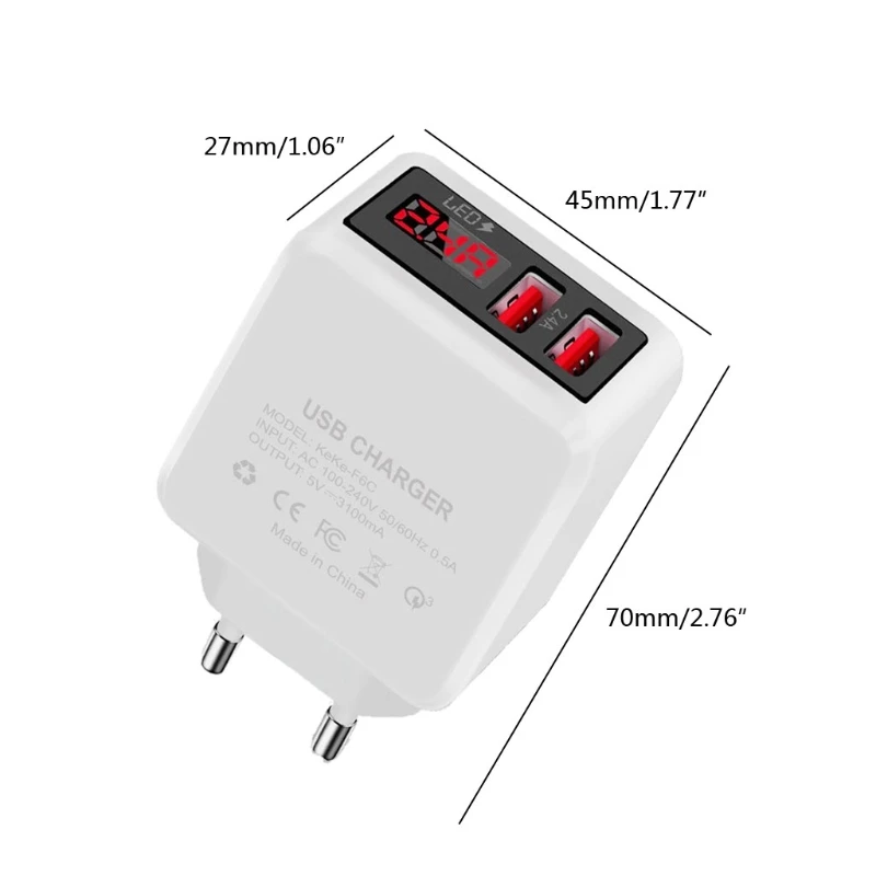 USB Зарядное устройство светодиодный цифровой Дисплей 2.4A EU/US/UK Подключите