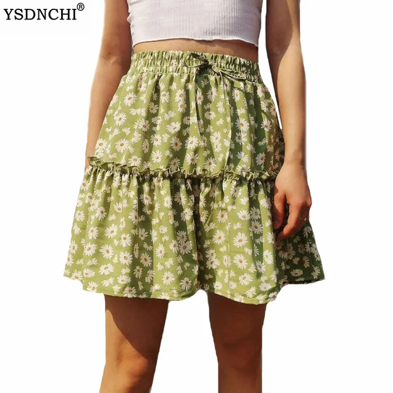 

YSDNCHI Women Skirts Floral Printed A-line Mini Skirt Polyester Lace Up Elastic Waist Pleated Beach Holidays Short Casual Skirt