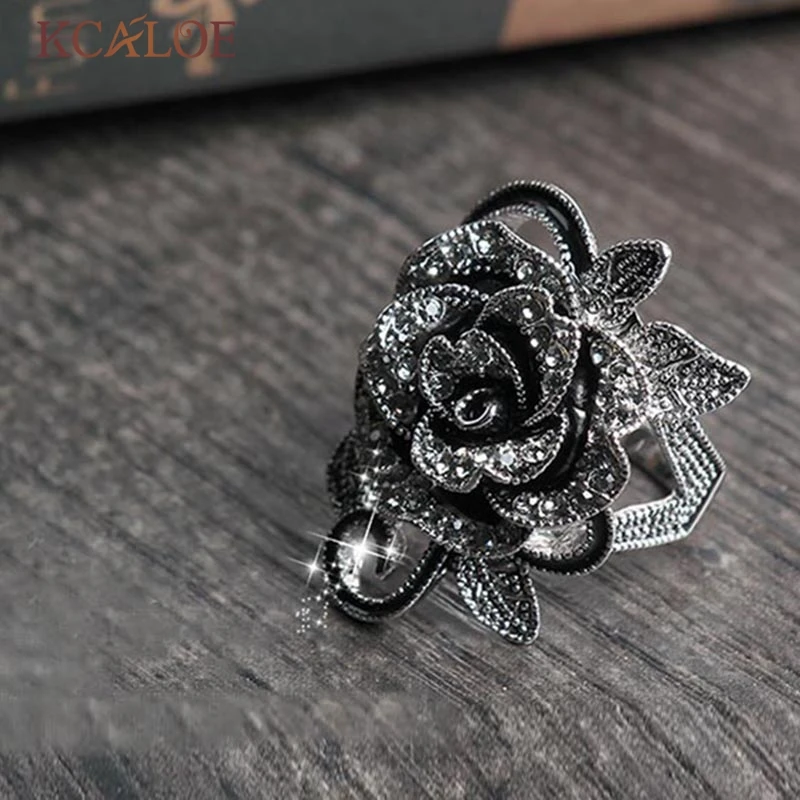 KCALOE черный цветок кольца для женщин кристалл кубический цирконий Винтажные