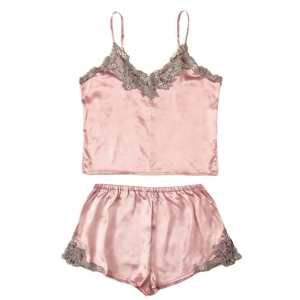 Pink SET Топы на бретельках, ресницы, кружевные женские сексуальные одноцветные шелковые лифчики, жилет одежда для сна, женская пижама, вечерняя атласная блузка - Цвет: Pink SET