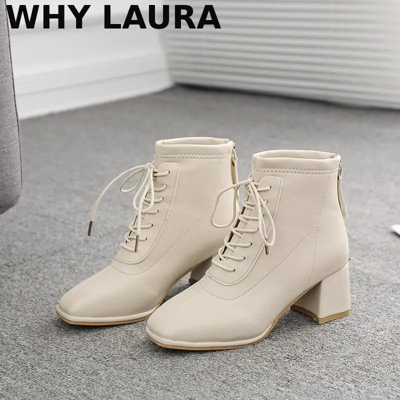 

Beige Black Thick heel Ankle Boots Women 2021 Round toe Warm Elegant Ankle boots Women's lace-up fashion heels