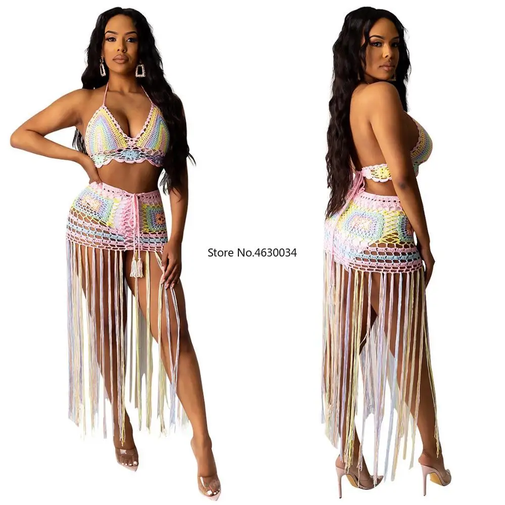 Летний сексуальный женский комплект из двух предметов с кисточками открытая