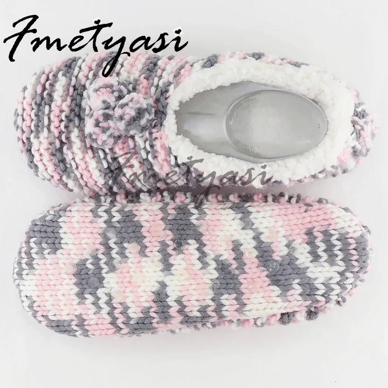 

Women Winter Slippers Warm Knit Crochet Slippers Soft Furry Slippers Cute Pompom Girls Floor Socks Non-slip Design Home Shoes