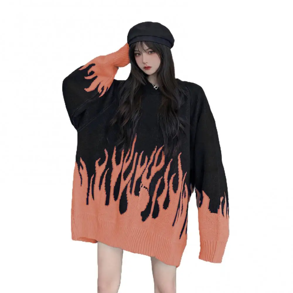 

70% Dropshipping!Loose top women's fashion autumn and winter loose round neck flame knit pullover