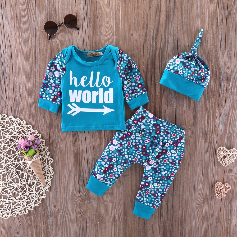 PatPat Comfy Floral HELLO WORLD Print Long-sleeve T-shirt Pants Hat Set in Blue for Baby Boy Expandable Shoulder 3-piece | Детская