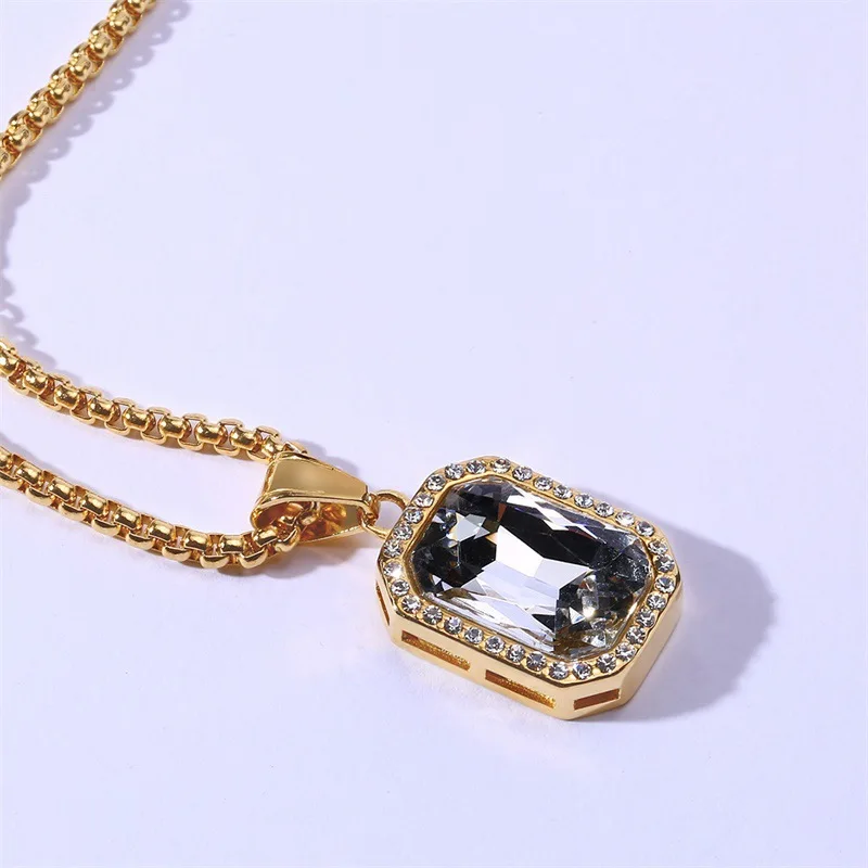 

QWC CAN38 stainless steel necklace hot sell popular lady 27mm square shape 6 color stone lover gift women English lucky word