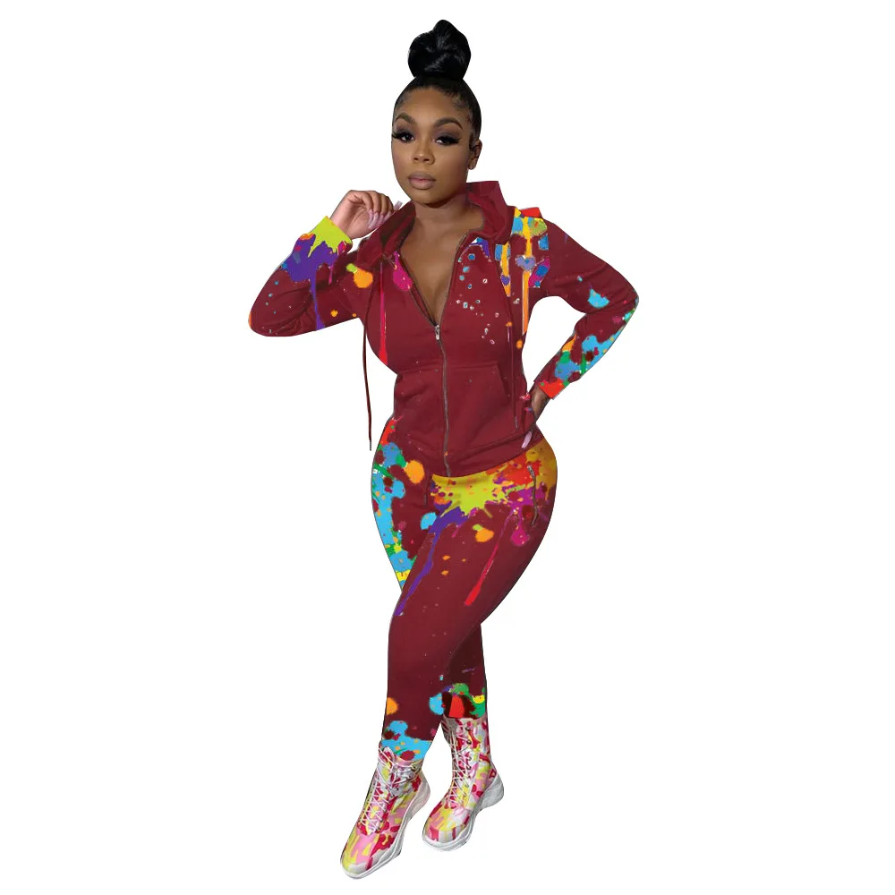 

2020 New Women Splash Ink Printed Zipper Two Piece Set Tracksuit Long Sleeve Hooded Sweatshirts Pencil Pants Sportswear