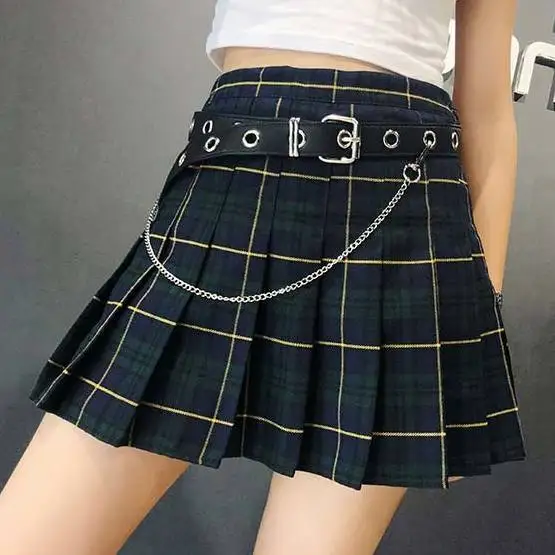

Hong Kong style retro high waist plaid pleated skirt girl American college style skirt women summer with safety pants mini skirt