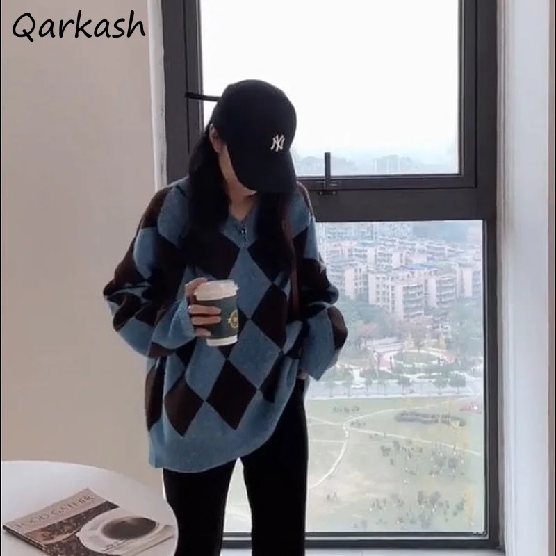 

Autumn Winter Sweater Women Thicker Retro Pullovers Jumper Warm Teen Argyle Casual V-Neck Long-style Fashion New Vintage Clothes