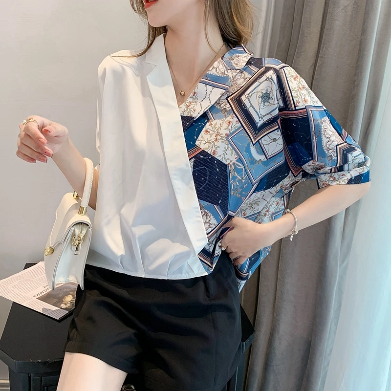 

Chiffon Women's Blouse V-neck Print Girl's Shirt Spring Autumn Loose Casual Fashion Short Sleeve Top Korean Lady Blusas Houthion