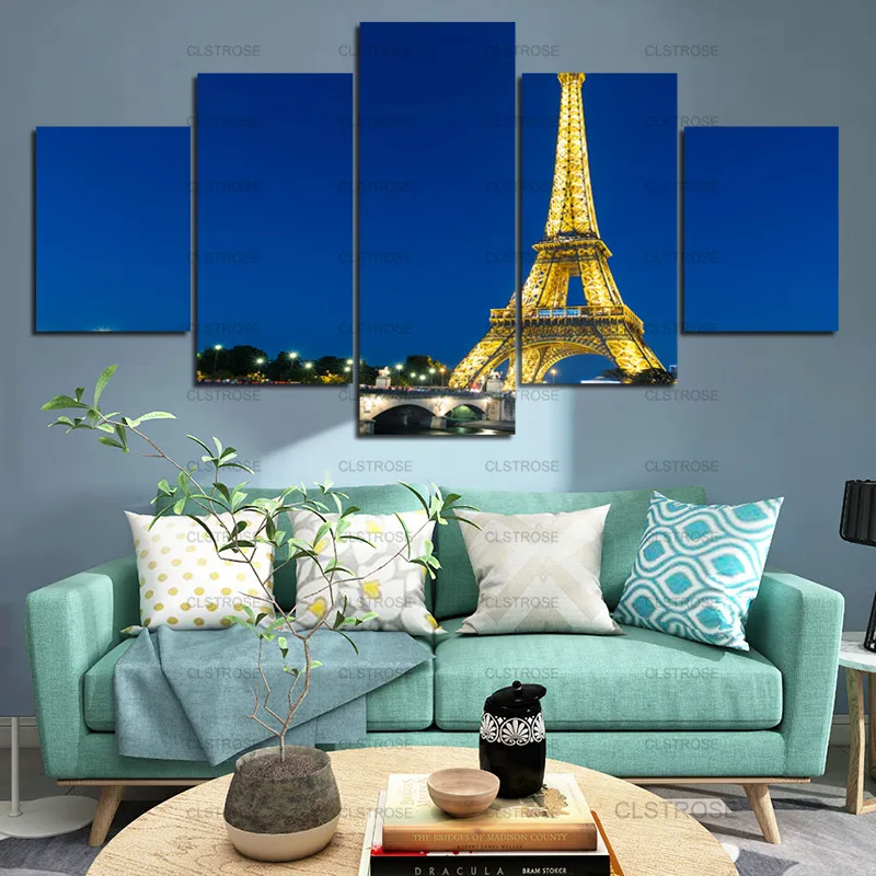 

5Pcs Decorative Poster The Iron Tower Canvas Painting Under The Blue Sky At Night Home Wall Art Canvas Hd Printing Irregular