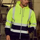 Мужская Светоотражающая полоса пуловер дорожных работ, чтобы вы были заметны, длинный рукав, с капюшоном, толстовка с капюшоном на молнии, комплекты из топов с уличная одежда с карманом