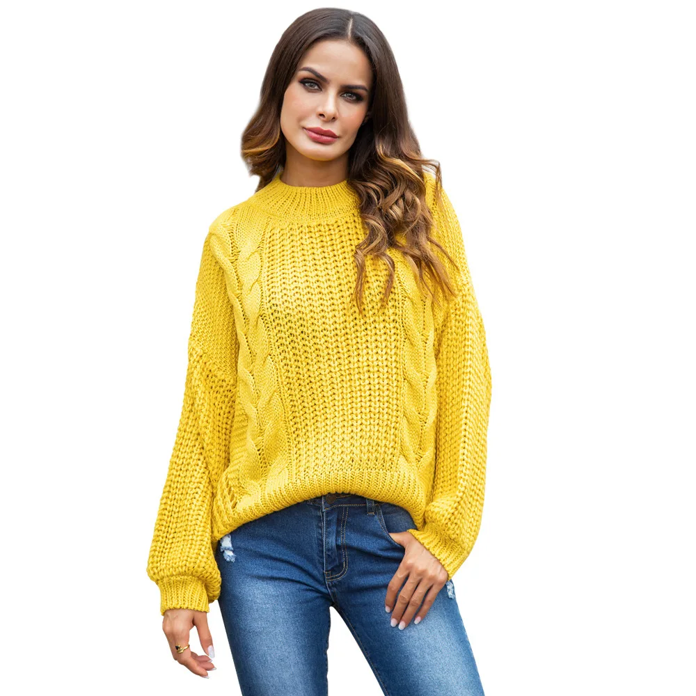 

2018 All-match Solid Color Long-Sleeved Short Pullover Women's round Neck Linen Flower Color Casual Fashion Sweater