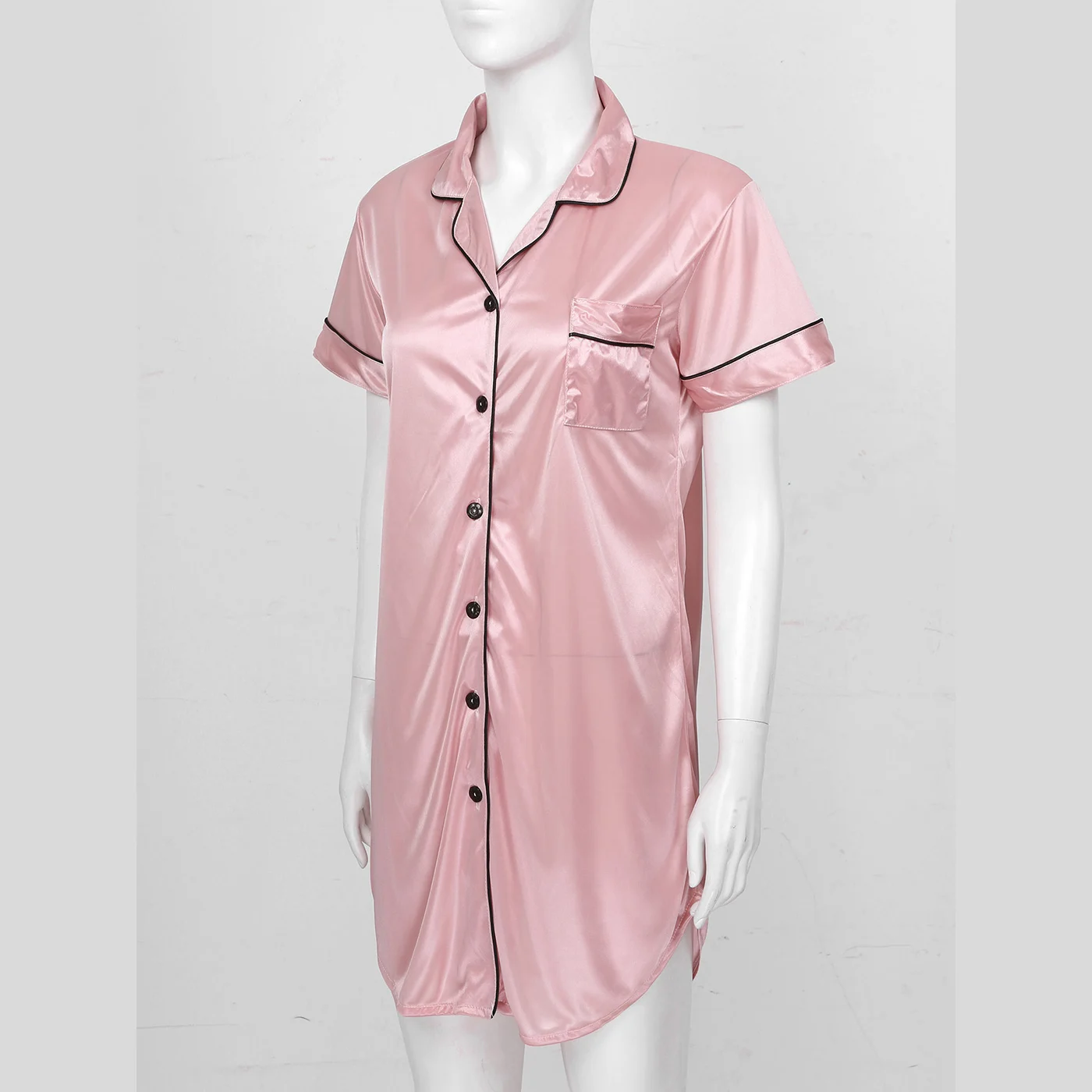 Women Night Dress Sleepshirts Summer Solid Color Lounge Home Clothes Turn-Down Collar Short Sleeve Button Pocket Shirt Nightwear