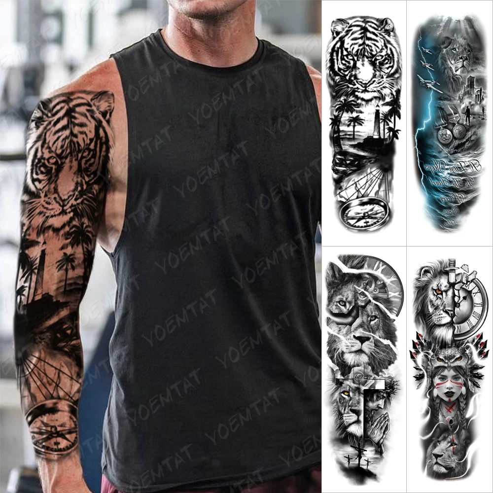 

Waterproof Temporary Full Arm Tattoo Sticker Tiger Lion Wolf Forest Devil Flash Tatto Man Totem Body Art Fake Sleeve Tatoo Women