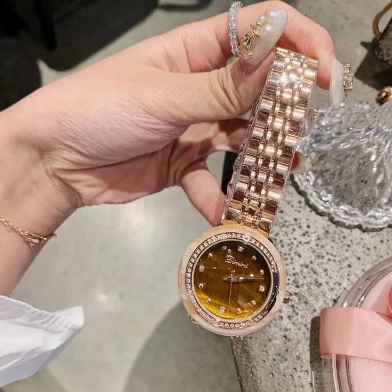 Женские кварцевые часы с тигровым глазом полностью стальные цвета розового