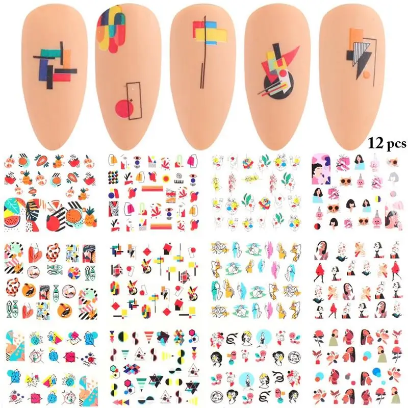 

Kapmore 10/12 Sheets Nail Art Stickers Adhesive Abstract Lady Face Nail Stickers Nail Decal Love Heart Design Manicure Sticker