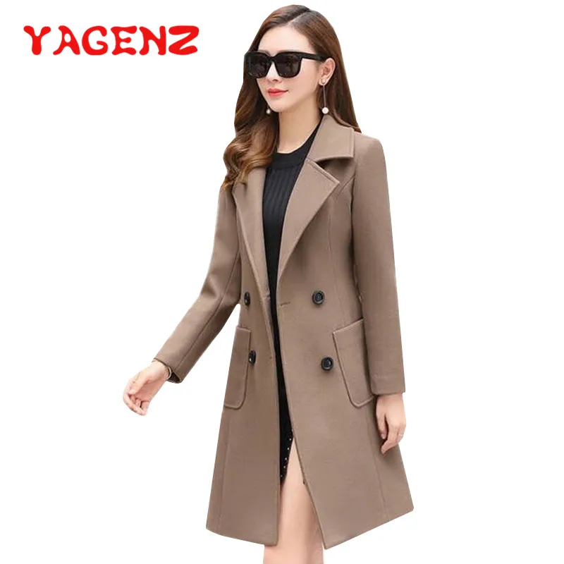 

YAGENZ Wool Coat Women Autumn Winter Fashion Double Breasted Woolen Coats And Jacket Slim Long Sleeve Windbreaker Outerwear 662