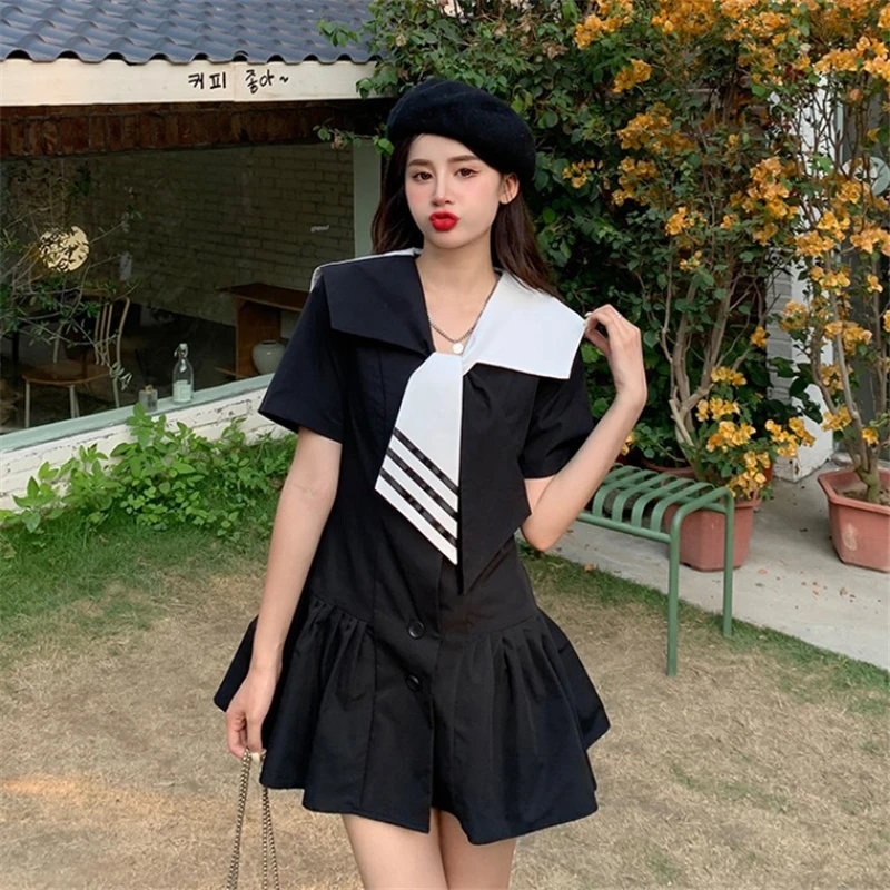 

School Uniform for Ladies Summer New Navy Style Splicing Slim Short Sleeve Dresses Fashion Sweet Girls Streetwear Sister Outfit