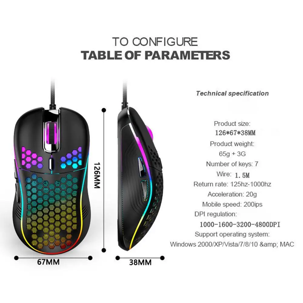 

D011 Lightweight RGB Gaming Mouse 7200DPI Honeycomb Shell Ergonomic Mice with Ultra Weave Cable For Computer Gamer PC Desktop