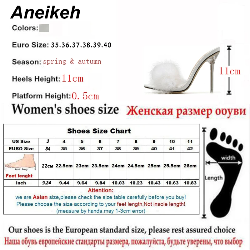 

Aneikeh NEW PVC White Fluffy Terlik Peep Toe Transparent High Heel Slippers Summer Fashion Slip On Thin Heels Slides Women Mules