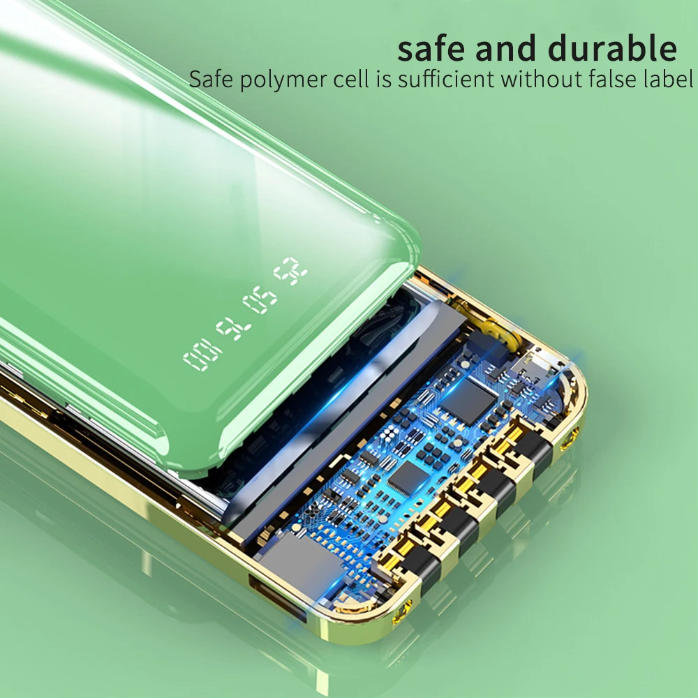 Внешний аккумулятор 20000 мАч 4 кабеля зеркальная поверхность быстрая зарядка