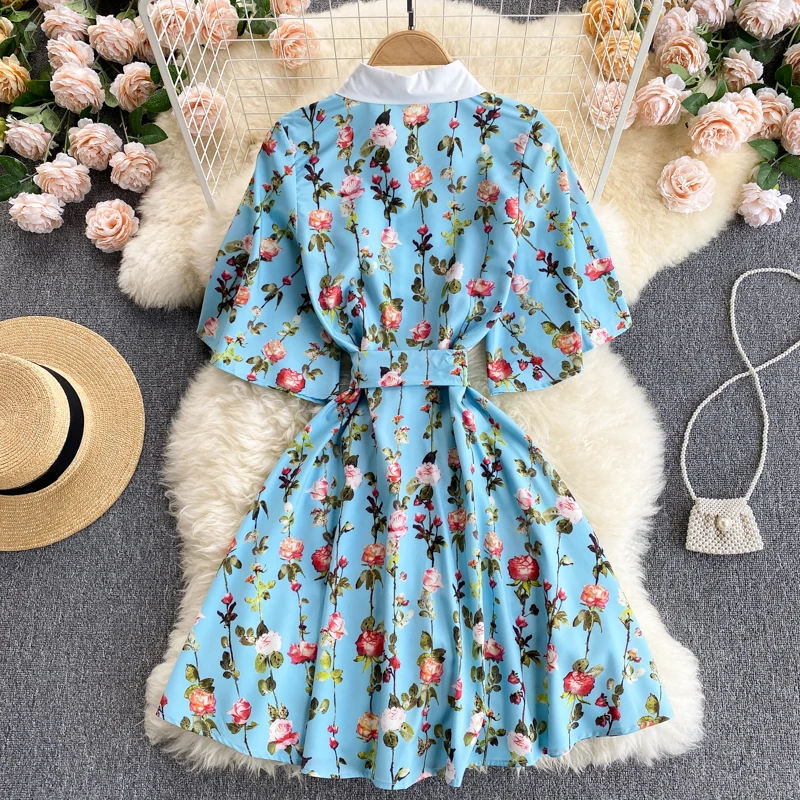 

Fashion Summer Clothes 2021 Lady Elegant Short Sleeve Sashes Print Floral Shirt Dresses for Women Mini Casual Holiday Vestidos