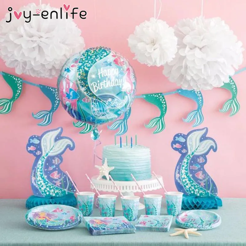 

1st Girl Happy Birthday Party Set Mermaids Party Tableware Paper Cups Plate Latex Balloons stand Baby Shower Party Decorations