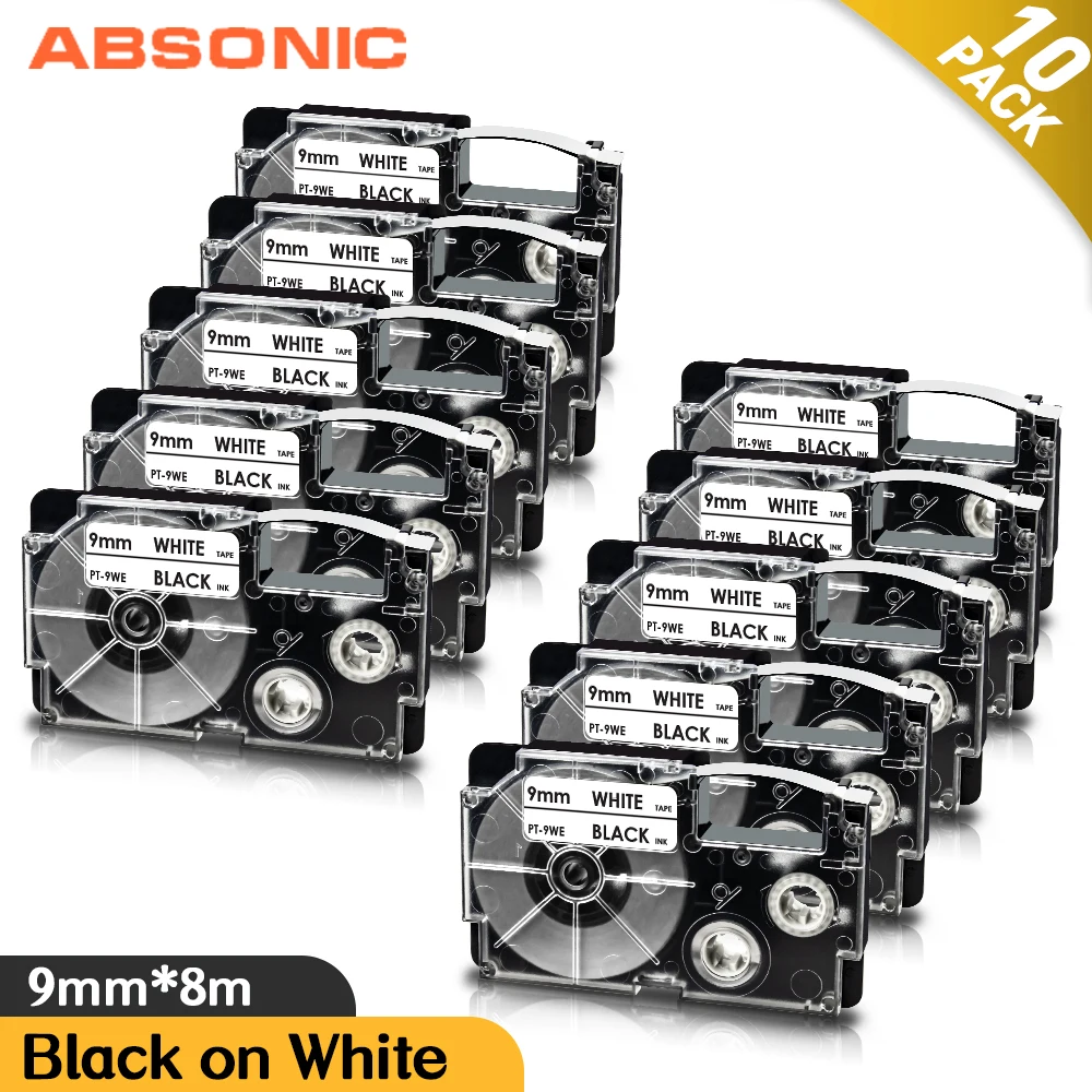 

Absonic 10PCS for Casio Label Tape XR-9WE 9mm Printer Supplies Black on White Compatible Casio KL-60 KL-100 KL-120 KL-750 KL-820